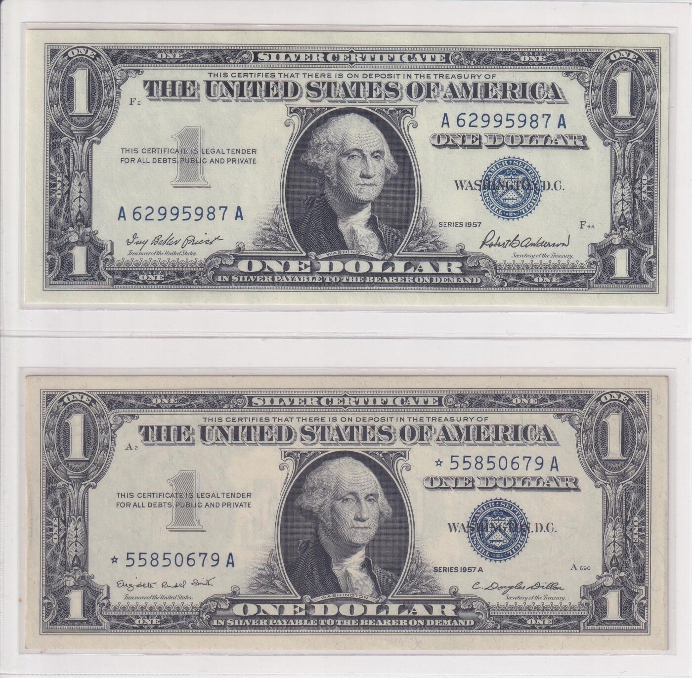 【礼羽收藏】🌏世界钱币拍卖第112期 【二张】美洲，美国，1957年，1美元，AA首冠+☆A补号