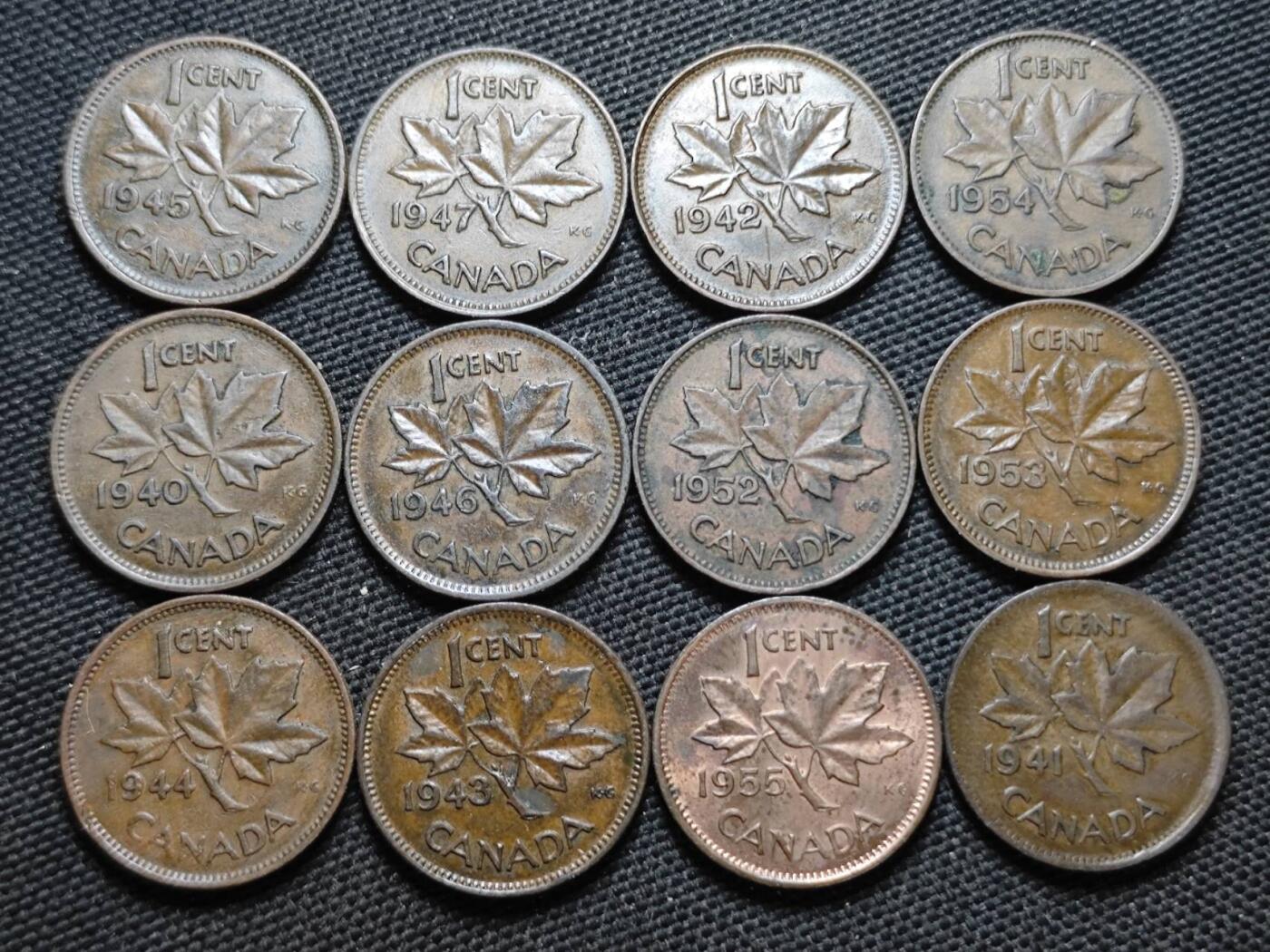 KK钱币收藏小铺  第370场  2月预留时间 周末发货  加拿大1941-1955年一分一组12枚，年份不一样 乔六到女王