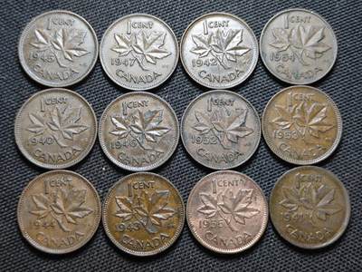 KK钱币收藏小铺  第370场  2月预留时间 周末发货 -  加拿大1941-1955年一分一组12枚，年份不一样 乔六到女王