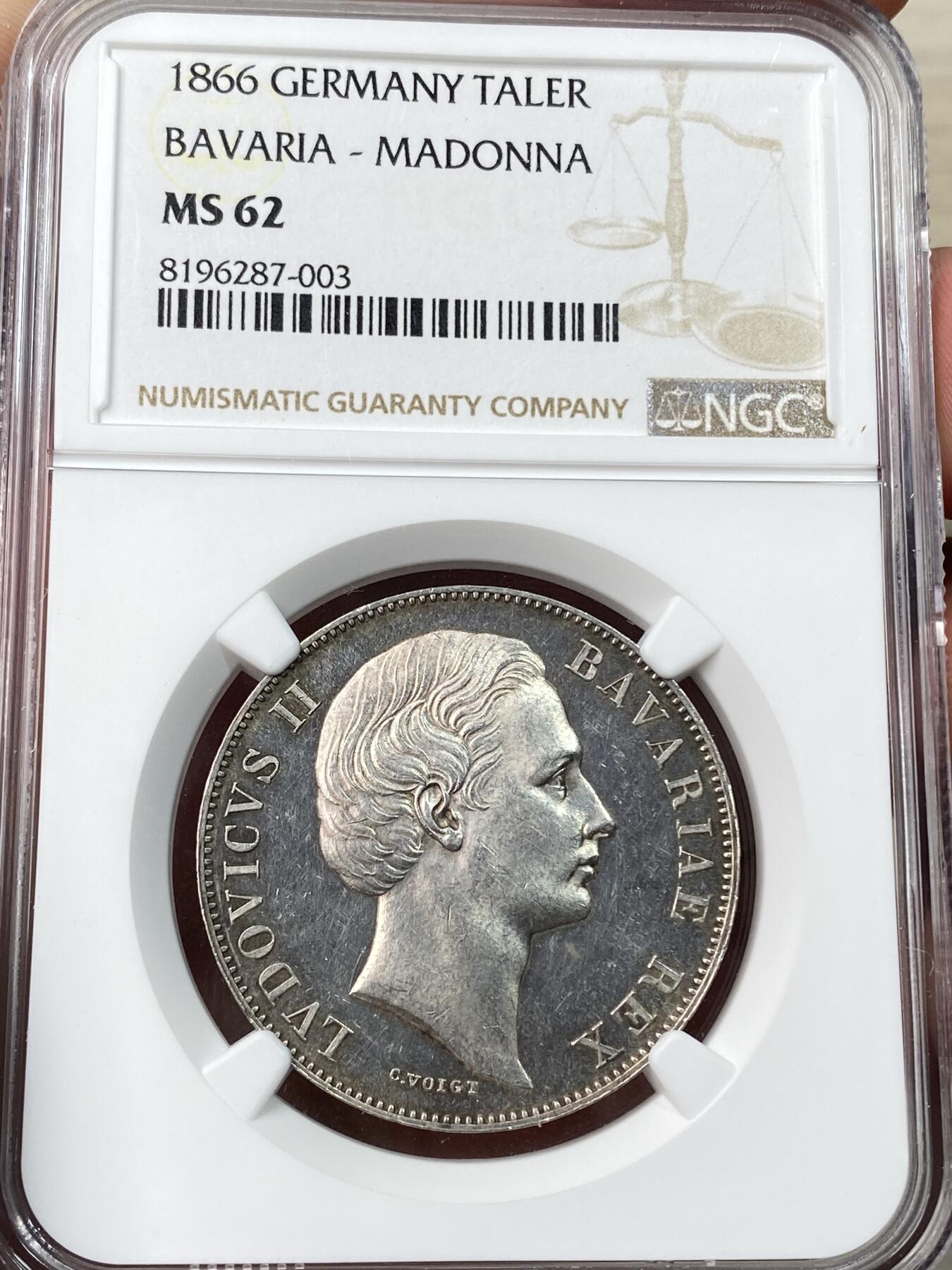 万国钱币拍卖第055期 NGC MS62 1866年德国巴伐利亚路德维希二世圣母抱婴泰勒 原味深打喷砂质感 高点极佳