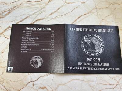 美国2021年最后的摩根发行百年组合纪念银币，26.7克+2盎司，发行1921套