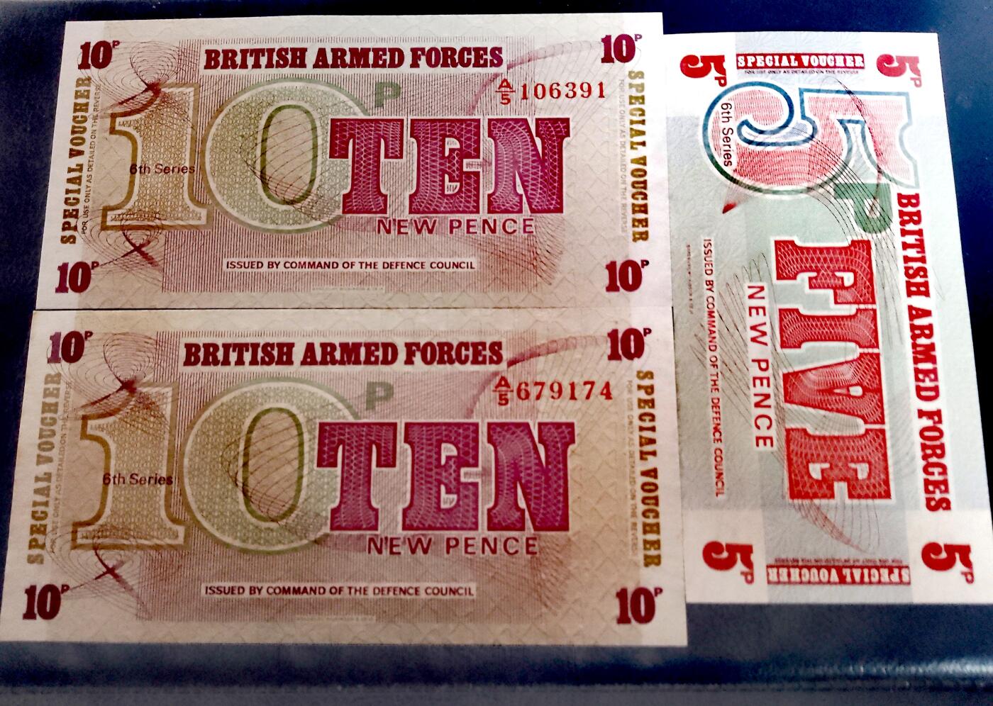 全新英国1972年第六系列军票5、10便士靓品纸币3枚一组