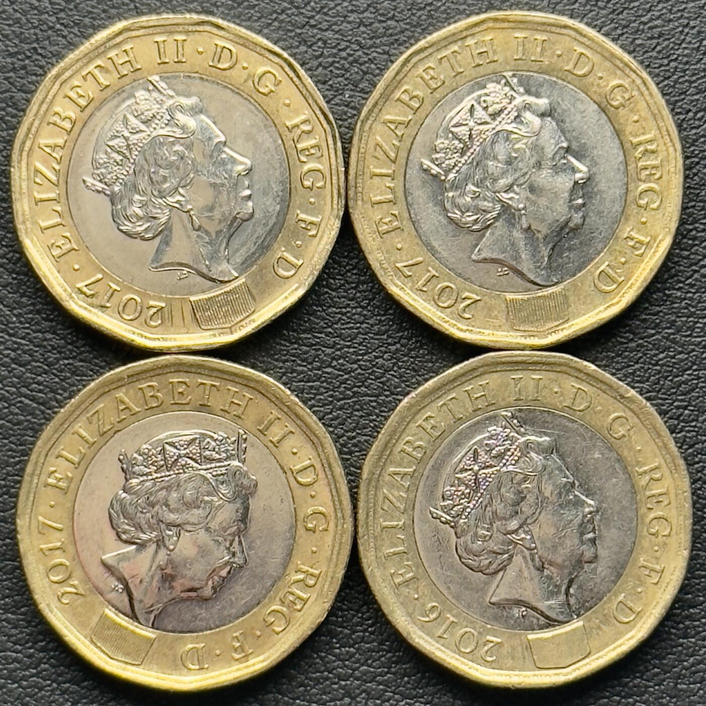 ＜小葵钱铺＞第65期·散币·银币场·满200包邮，不寄存·17号发货 英国2016、2017年皇冠1镑双色纪念币4枚