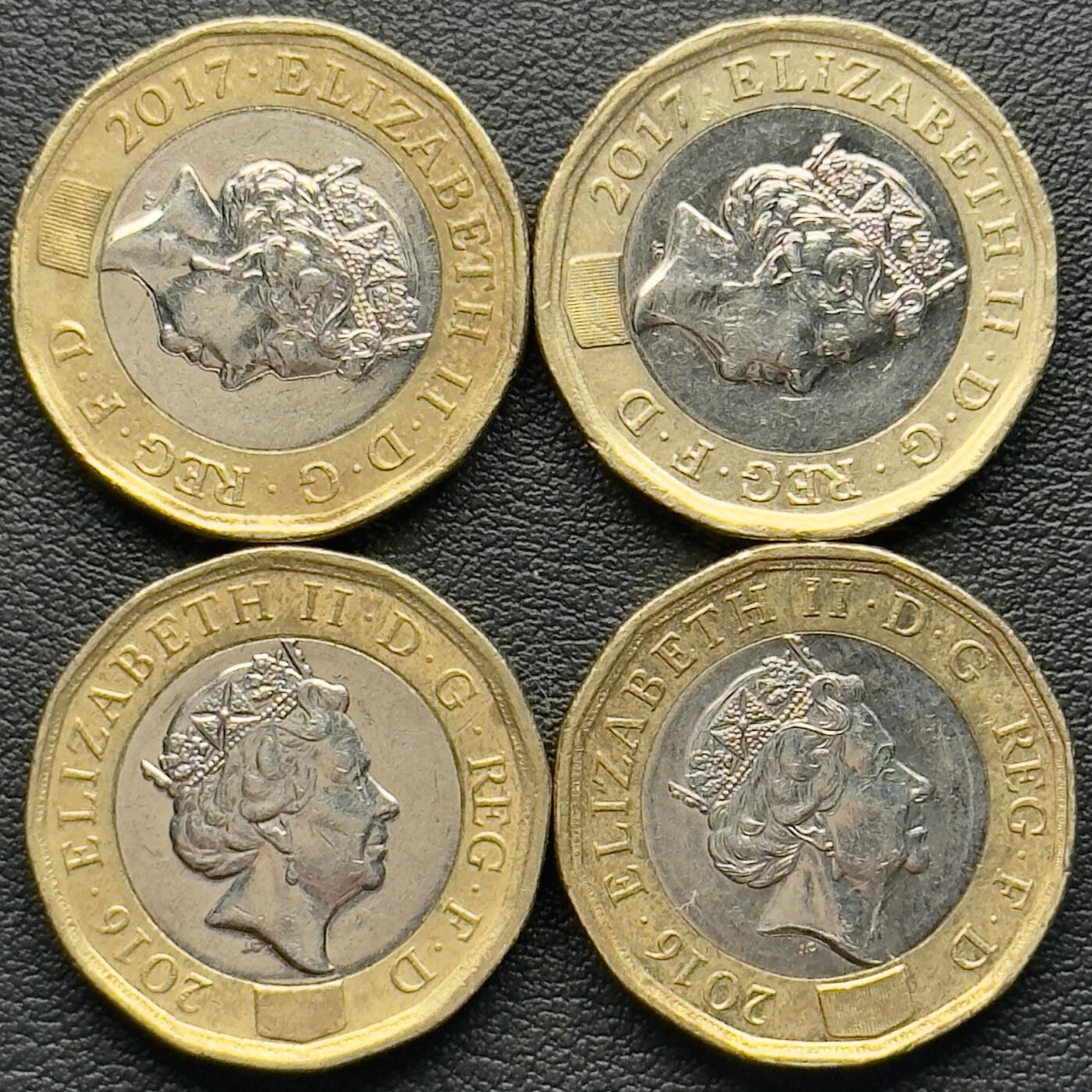 ＜小葵钱铺＞第65期·散币·银币场·满200包邮，不寄存·17号发货 英国2016、2017年皇冠1镑双色纪念币4枚