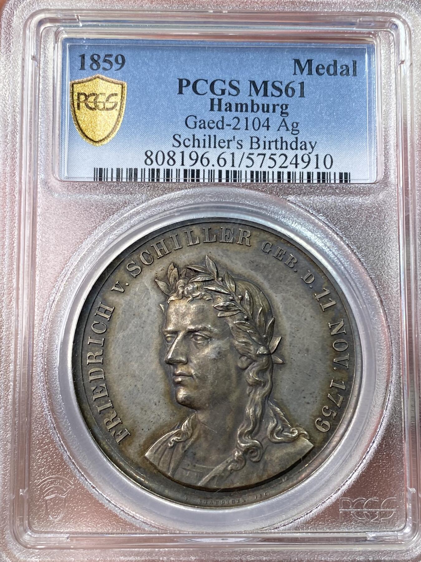 万国钱币拍卖第055期 PCGS MS61 1859年德国 LOOS名家设计席勒诗歌中《DIE GLOCK》场景纪念大银章 41MM 29G 高浮雕镜面酱彩