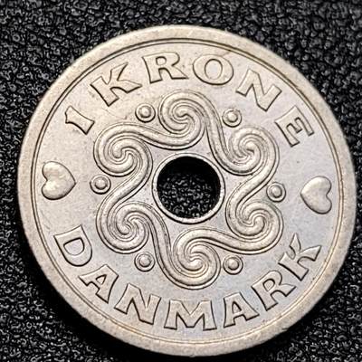 泉币菌-第129场-精品福利场（本场拍品多，请提前出价） - 丹麦1克朗 中孔铜镍硬币 直径20mm