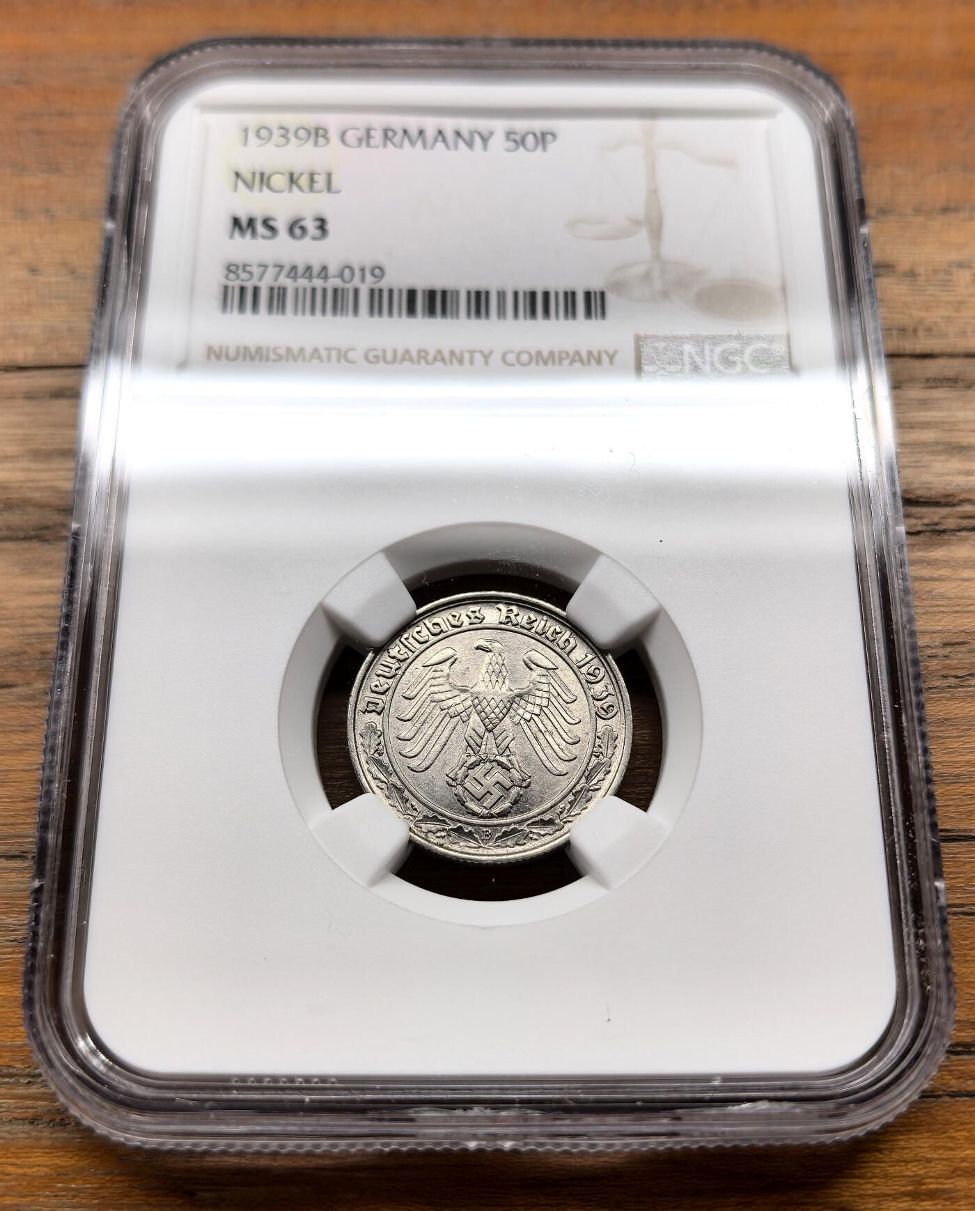 泉海漫舟·凡希社世界钱币微拍第三百十四期 1939B德国万字50芬尼纯镍币NGC-MS63