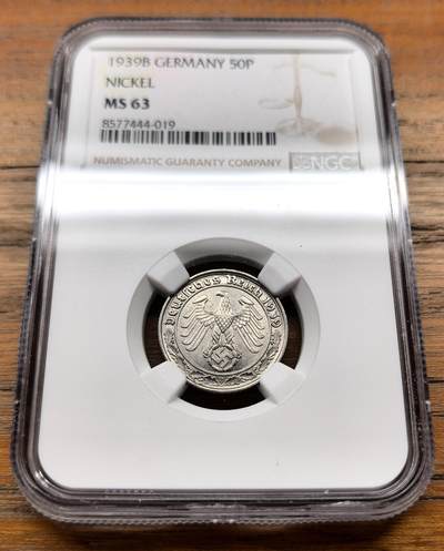 泉海漫舟·凡希社世界钱币微拍第三百十四期 - 1939B德国万字50芬尼纯镍币NGC-MS63