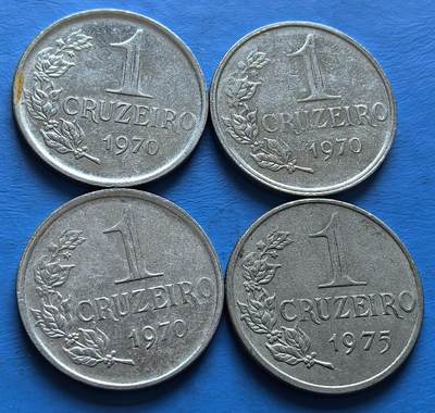 外国优质老铜币银币，周六九点倒数截拍，满百包邮，可寄存半年，喜欢朋友微信扫描二维码可直接参拍 - 巴西1970年-1975年1库鲁4枚