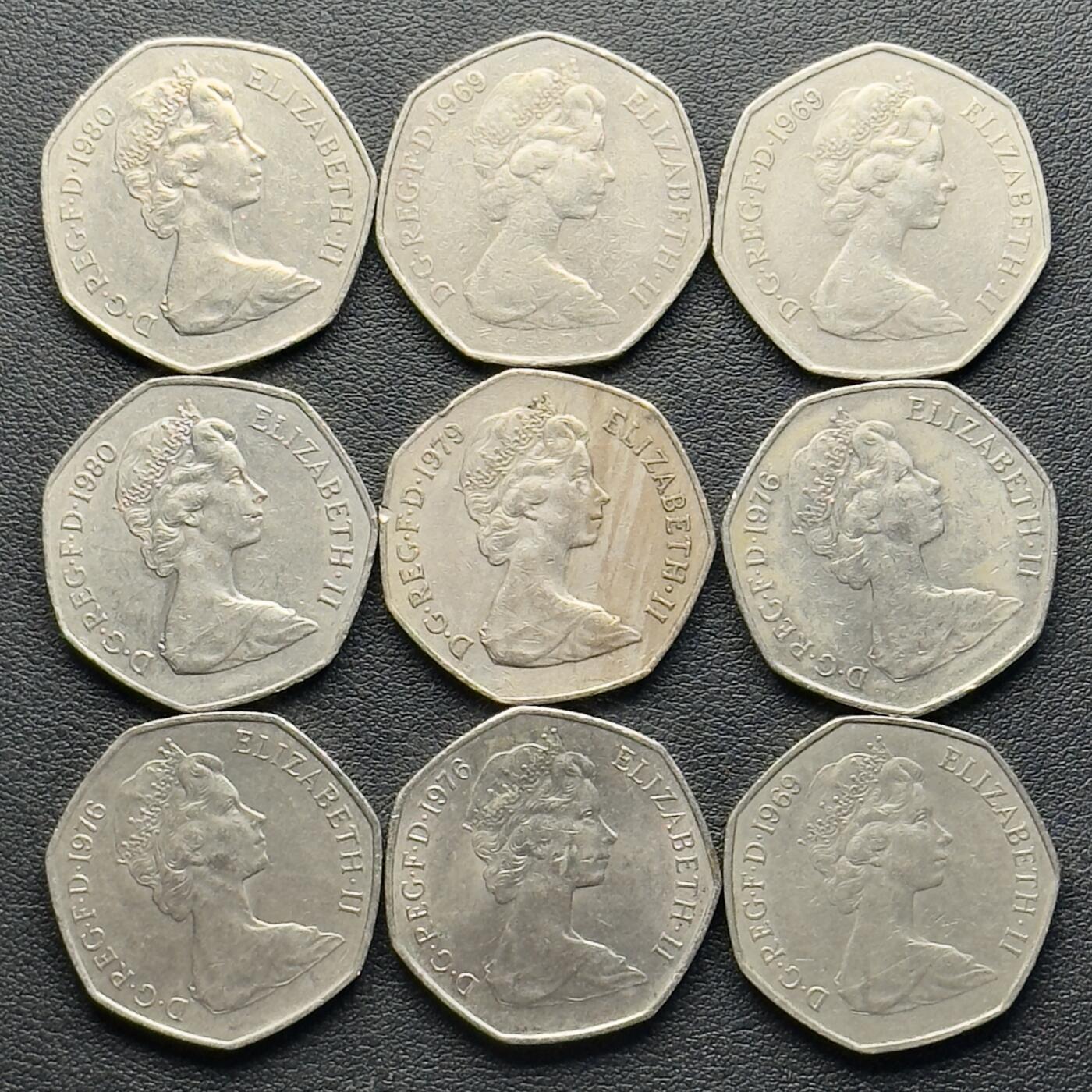 ＜小葵钱铺＞第65期·散币·银币场·满200包邮，不寄存·17号发货 英国散年份不列颠女神大50便士硬币9枚（30mm）