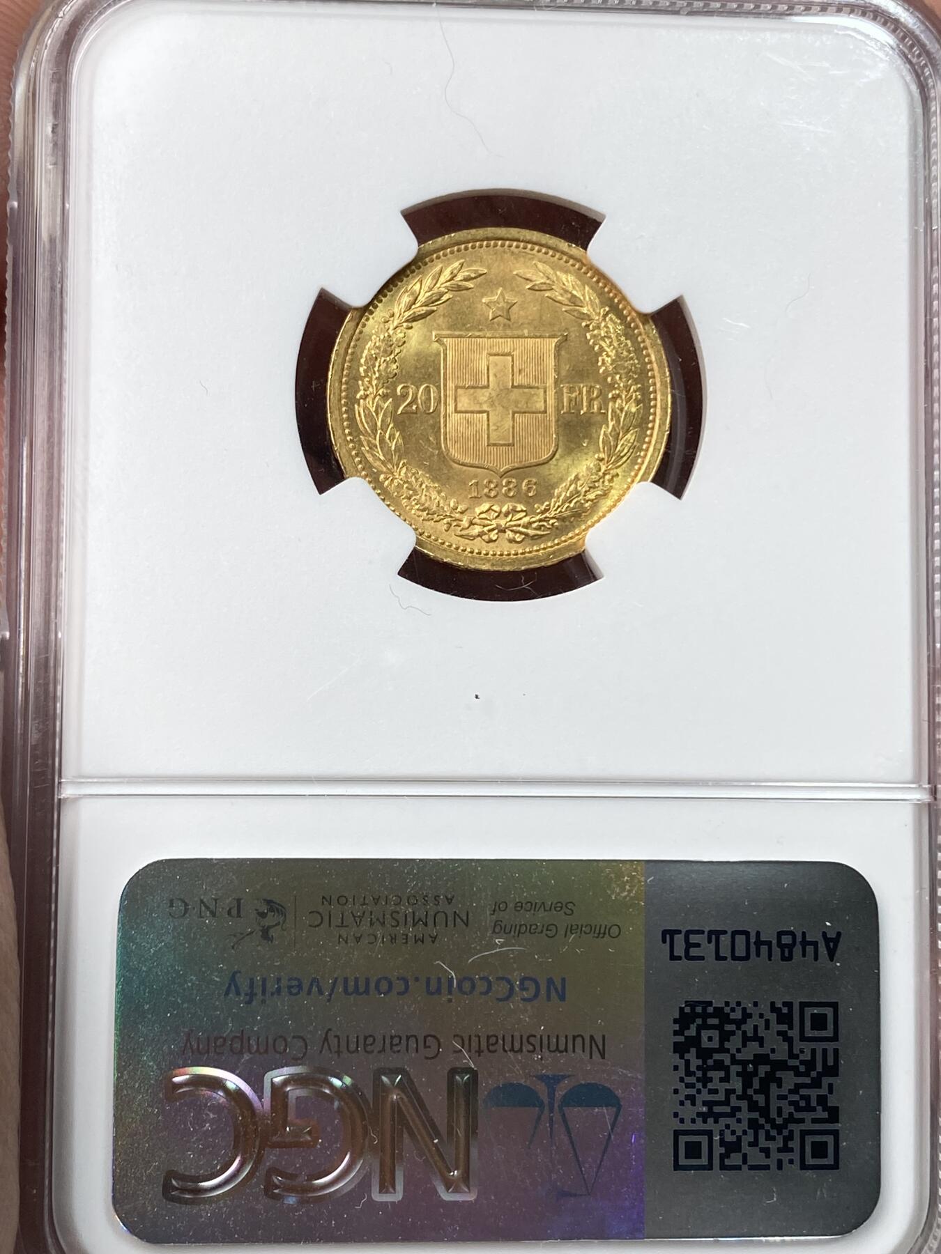 万国钱币拍卖第055期 NGC MS64 1886年瑞士桂冠女神20法郎金币 丝滑金光收藏级 6.45G 900金