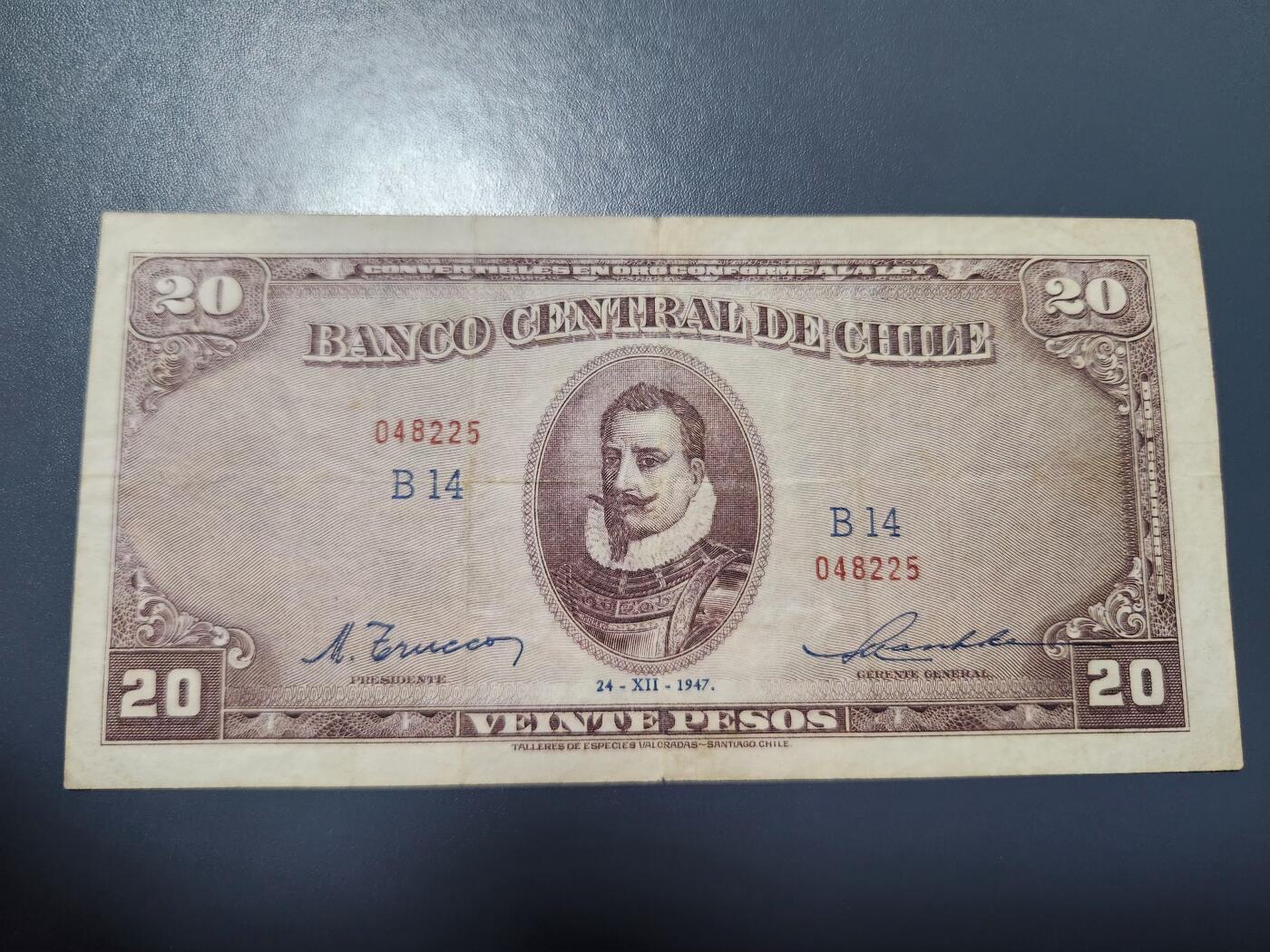 11月15号晚上8点 外国纸币自动截拍第58场 智利1947年20比索纸币 美品稀少