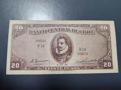 11月15号晚上8点 外国纸币自动截拍第58场 - 智利1947年20比索纸币 美品稀少
