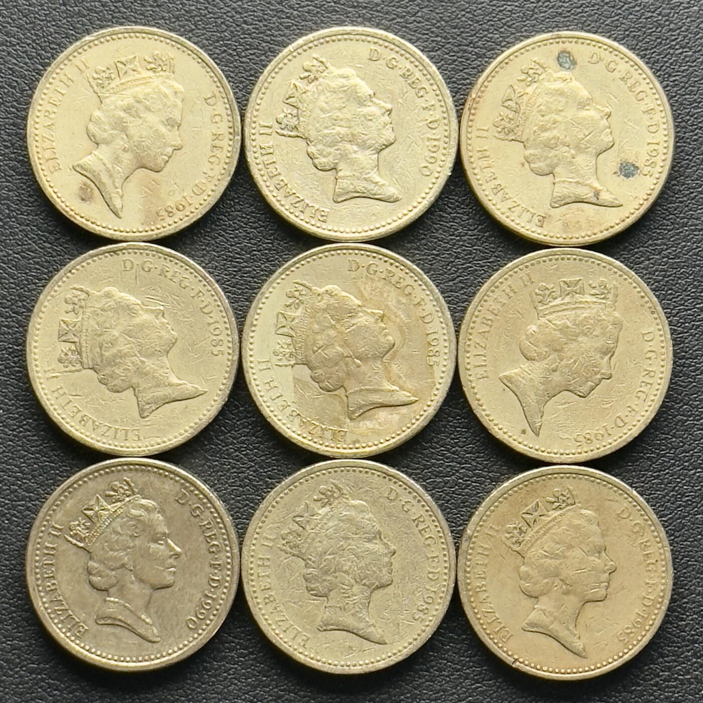 ＜小葵钱铺＞第65期·散币·银币场·满200包邮，不寄存·17号发货 英国1985、1990年威尔士韭菜1镑黄铜纪念币9枚