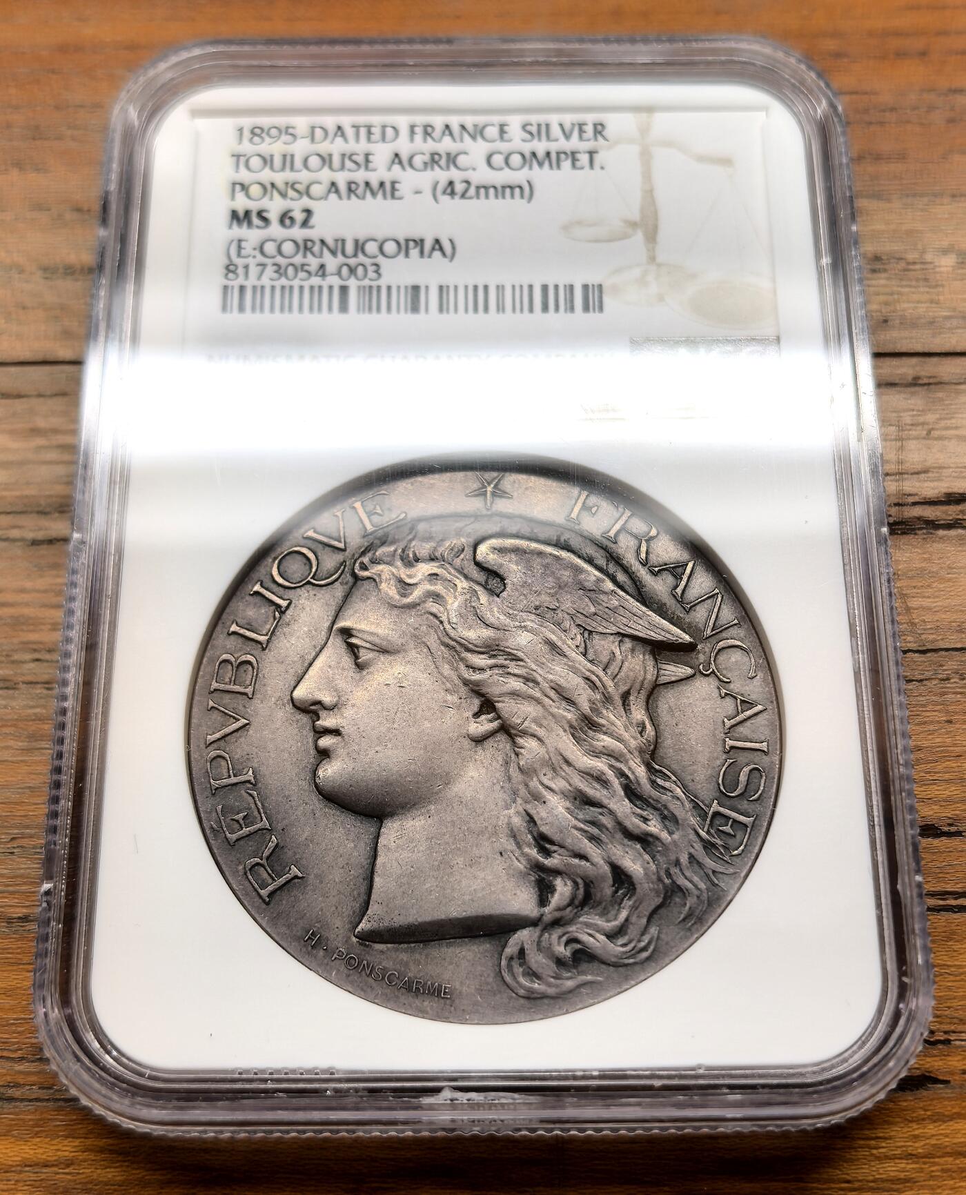 泉海漫舟·凡希社世界钱币微拍第三百十四期 1896法国农业部颁发图卢兹博览会银质奖章NGC-MS62