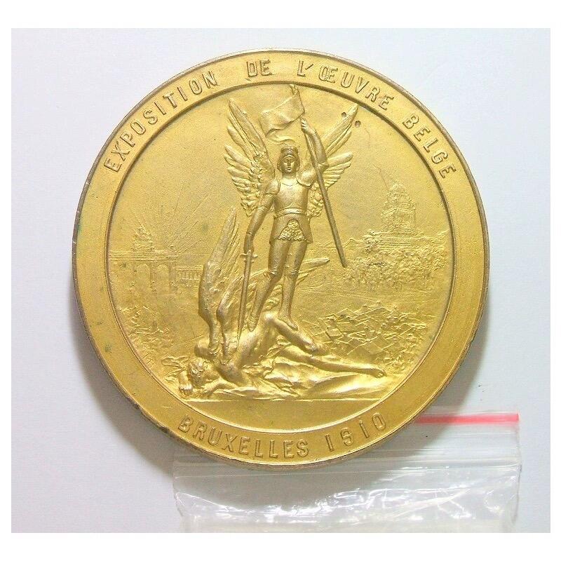 【艺术】比利时艺术大章1910年 阿尔贝一世+女神天使高浮雕精制超大镀金章 60MM