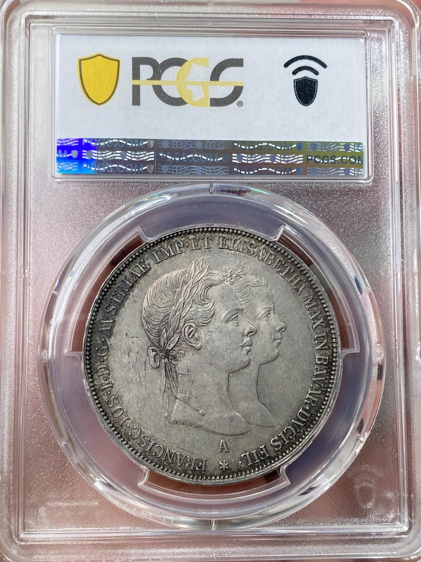 万国钱币拍卖第055期 PCGS MS62 1854年奥地利佛朗茨一世与伊丽莎白·欧根妮（茜茜公主）成婚纪念2古尔登 奥地利名誉品种 最大面值 淡雅包浆收藏品质