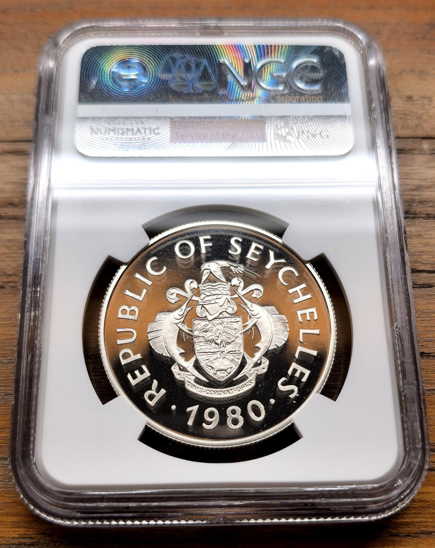 泉海漫舟·凡希社世界钱币微拍第三百十四期 1980塞舌尔儿童年50R大银精铸NGC-PF69UC