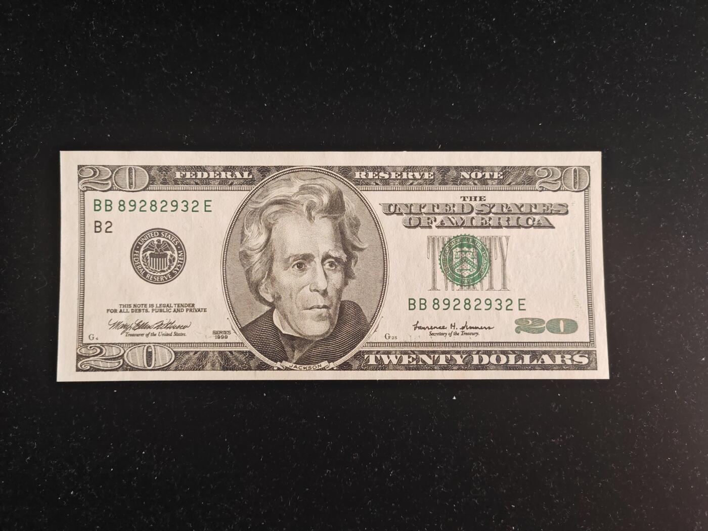 美国 1999年 大头版 20美元 无47 全新