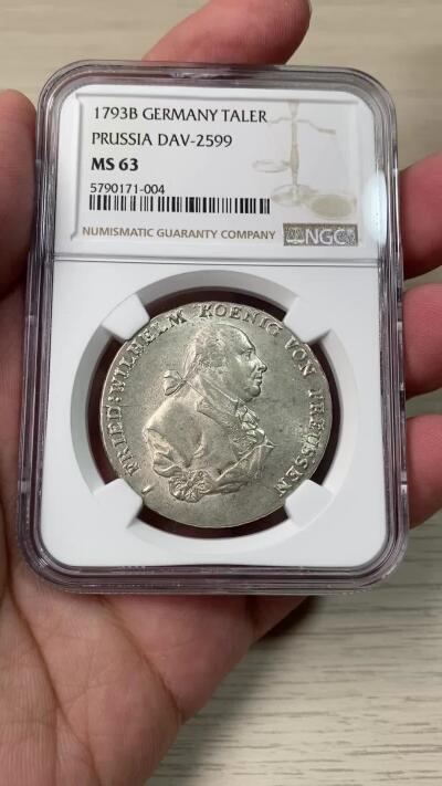 万国钱币拍卖第055期 NGC MS63 1793年德国普鲁士弗里德里希·威廉二世腓特烈大帝野人护盾大泰勒 经典普鲁士野人 柏林勃兰登堡门的缔造者 全深打银霜光度炸裂 NGC唯一冠军分 顶级收藏品质