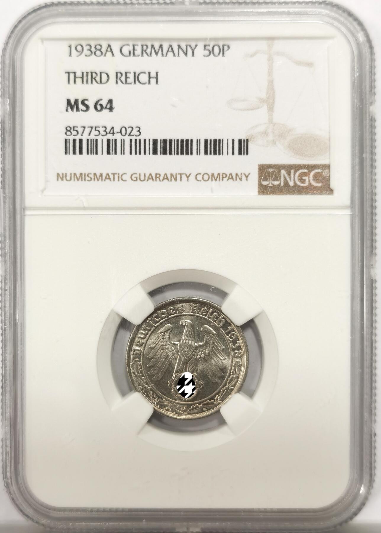 博洋堂世界钱币拍卖第146期（全场包邮） NGC MS64 德国第三帝国1938年A版50芬尼镍币，传说中的回炉坦克币，只有A版属于坦克币