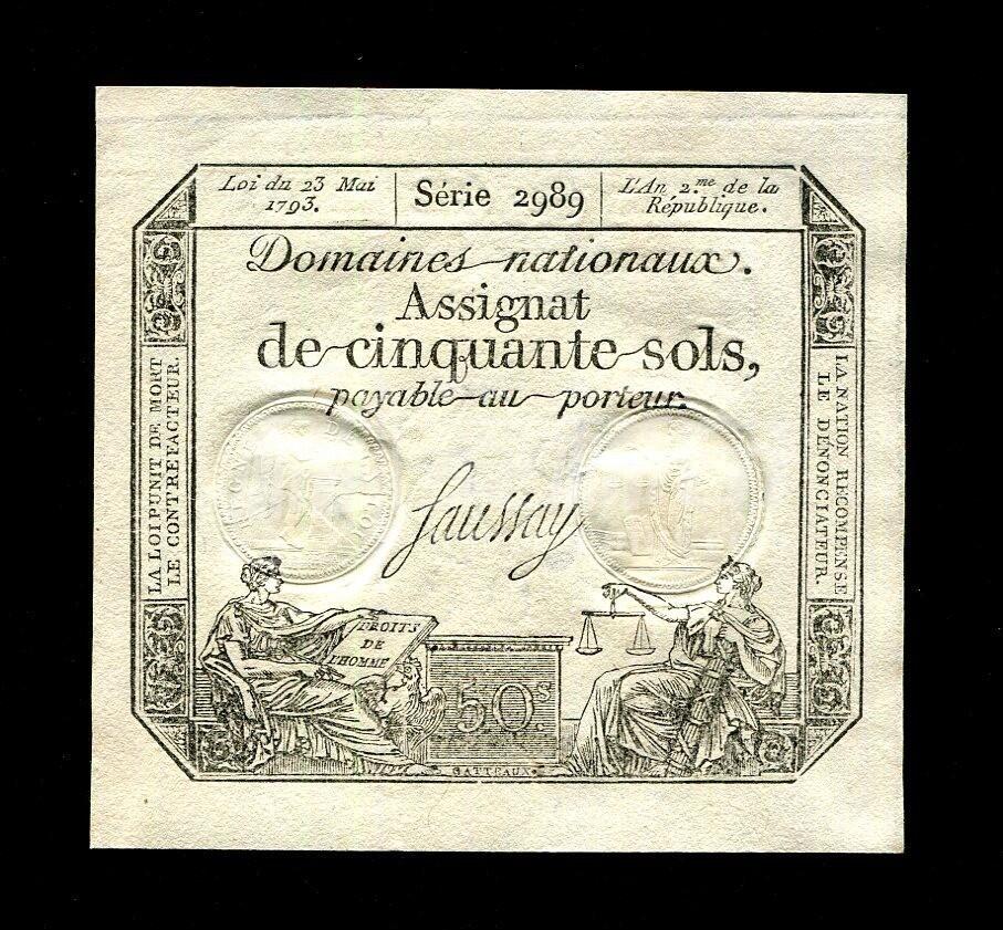 11月15号晚上8点 外国纸币自动截拍第58场 法兰西第一共和国 1793年 50苏 纸币 通货膨胀时期 全新UNC