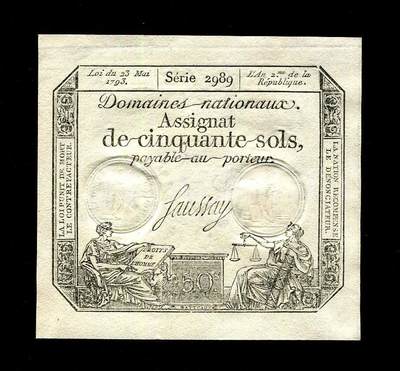 11月15号晚上8点 外国纸币自动截拍第58场 - 法兰西第一共和国 1793年 50苏 纸币 通货膨胀时期 全新UNC