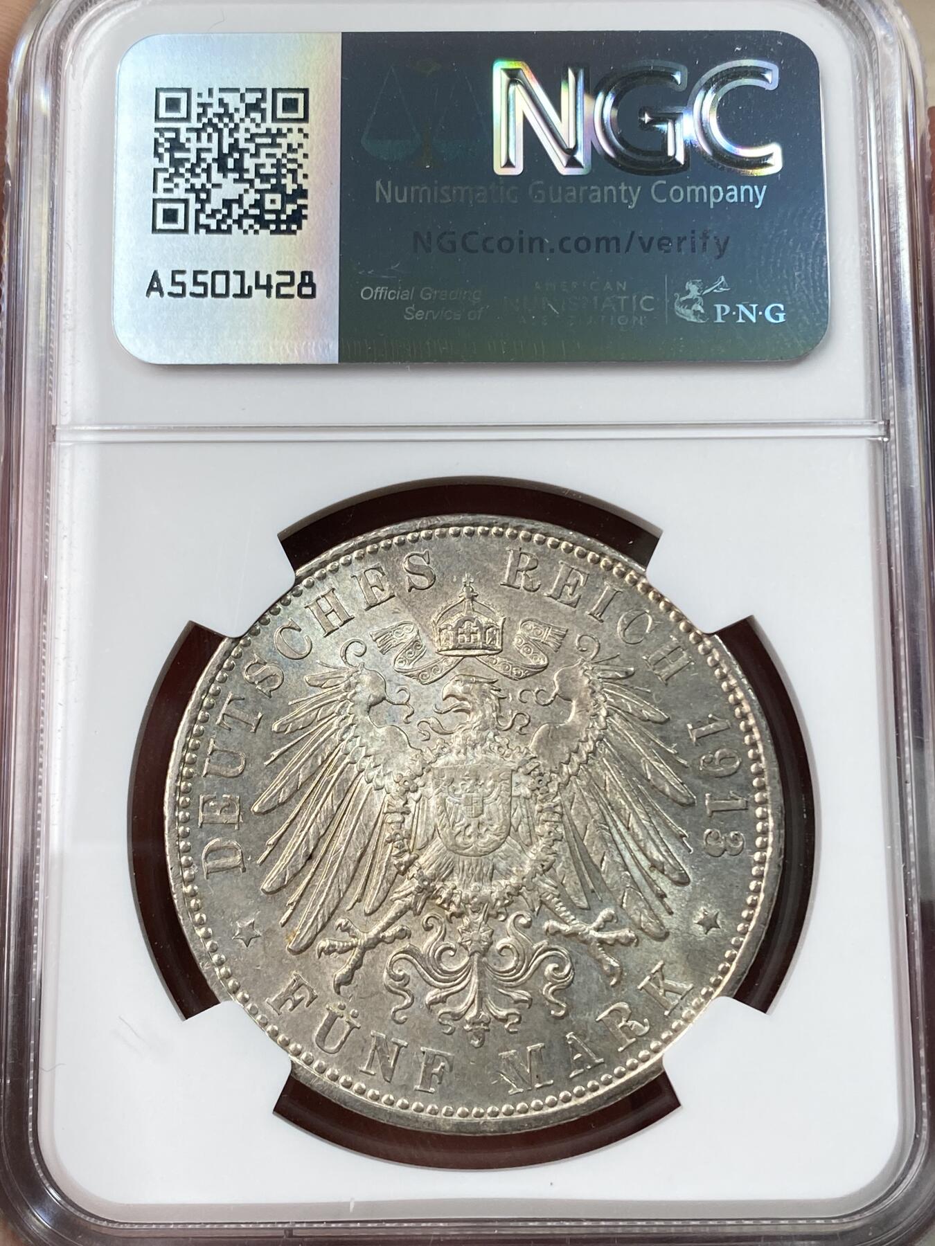 万国钱币拍卖第055期 NGC MS63 1913年德国巴伐利亚奥托国王长翅5马克 充分流通品种 难得高品 银霜原味十字转光