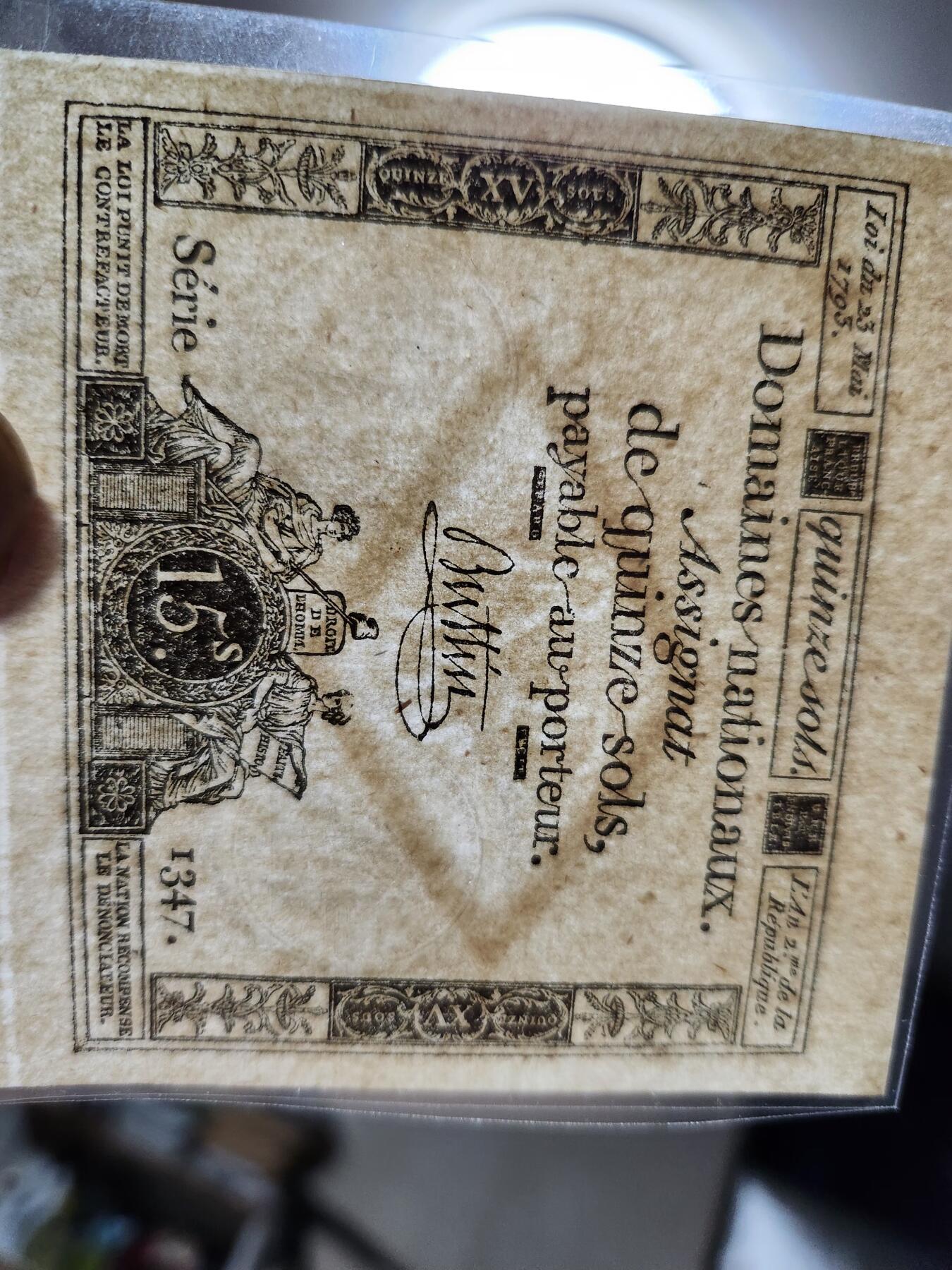 11月15号晚上8点 外国纸币自动截拍第58场 法兰西第一共和国 1793年 15苏 纸币 通货膨胀时期 全新UNC