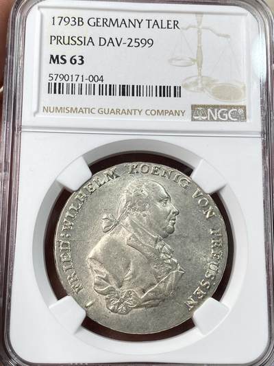万国钱币拍卖第055期 - NGC MS63 1793年德国普鲁士弗里德里希·威廉二世腓特烈大帝野人护盾大泰勒 经典普鲁士野人 柏林勃兰登堡门的缔造者 全深打银霜光度炸裂 NGC唯一冠军分 顶级收藏品质
