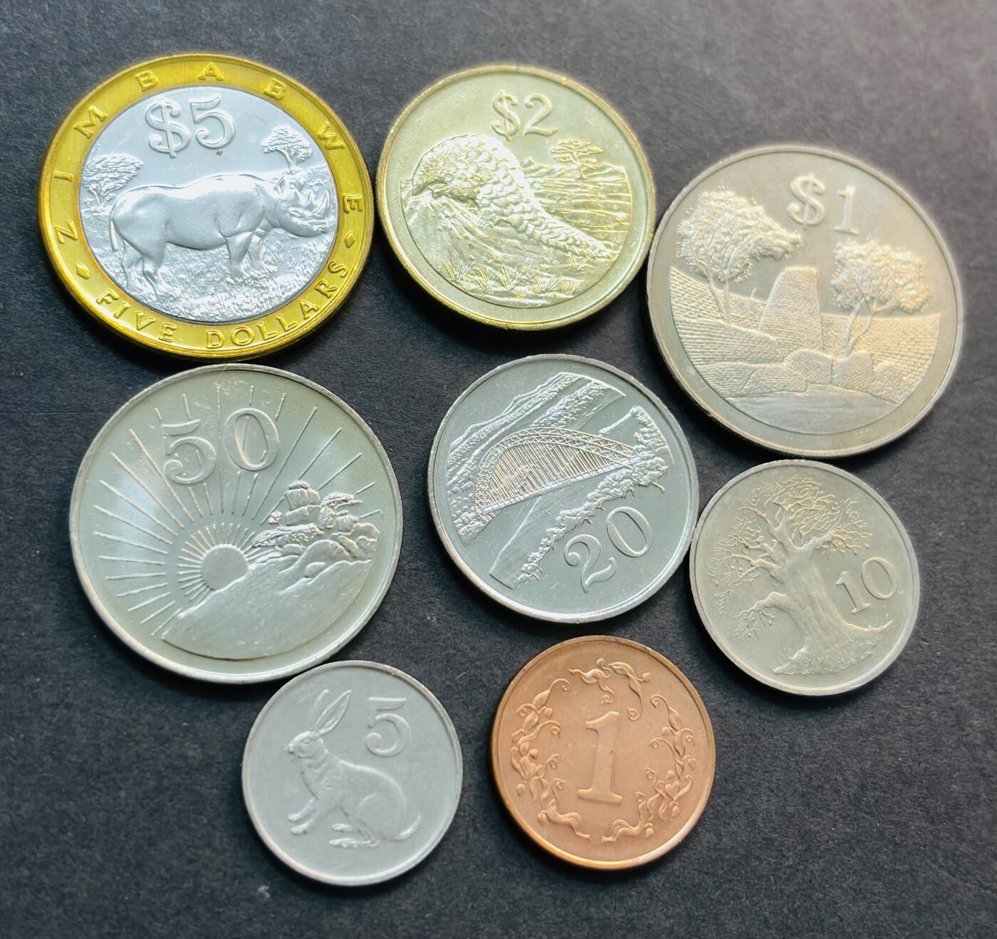 文馨钱币收藏第 281 场，【 长期接收代拍品】银元，银币，套币，纸币专场（本场截拍后休息三天，19 号发货） 全新津巴布韦 1 分-5 元一套