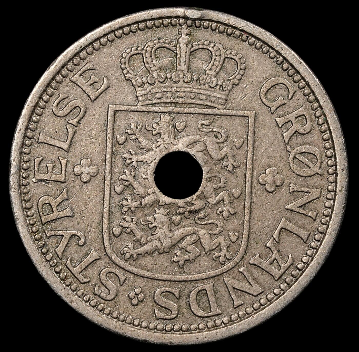 修遠堂世界钱币第九十三期 1926年格陵兰中孔25欧尔  1940/41年在纽约打孔，以避免 与1克朗硬币混淆，仅打孔6万枚