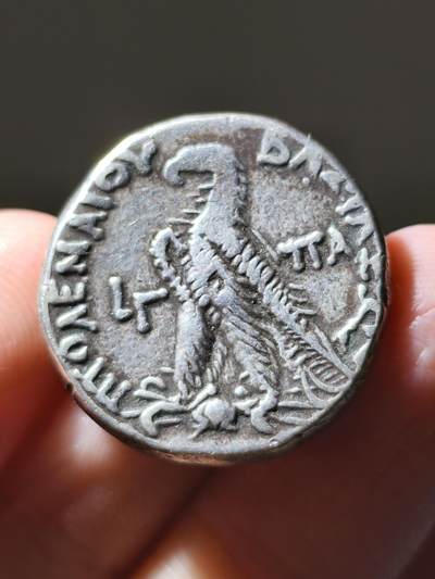 典藏精品！少见！希腊化-古埃及托勒密十二世四德拉克马银币，公元前79-78年，正面为带着王冠的托勒密一世，背面为栖息在闪电上的鹰