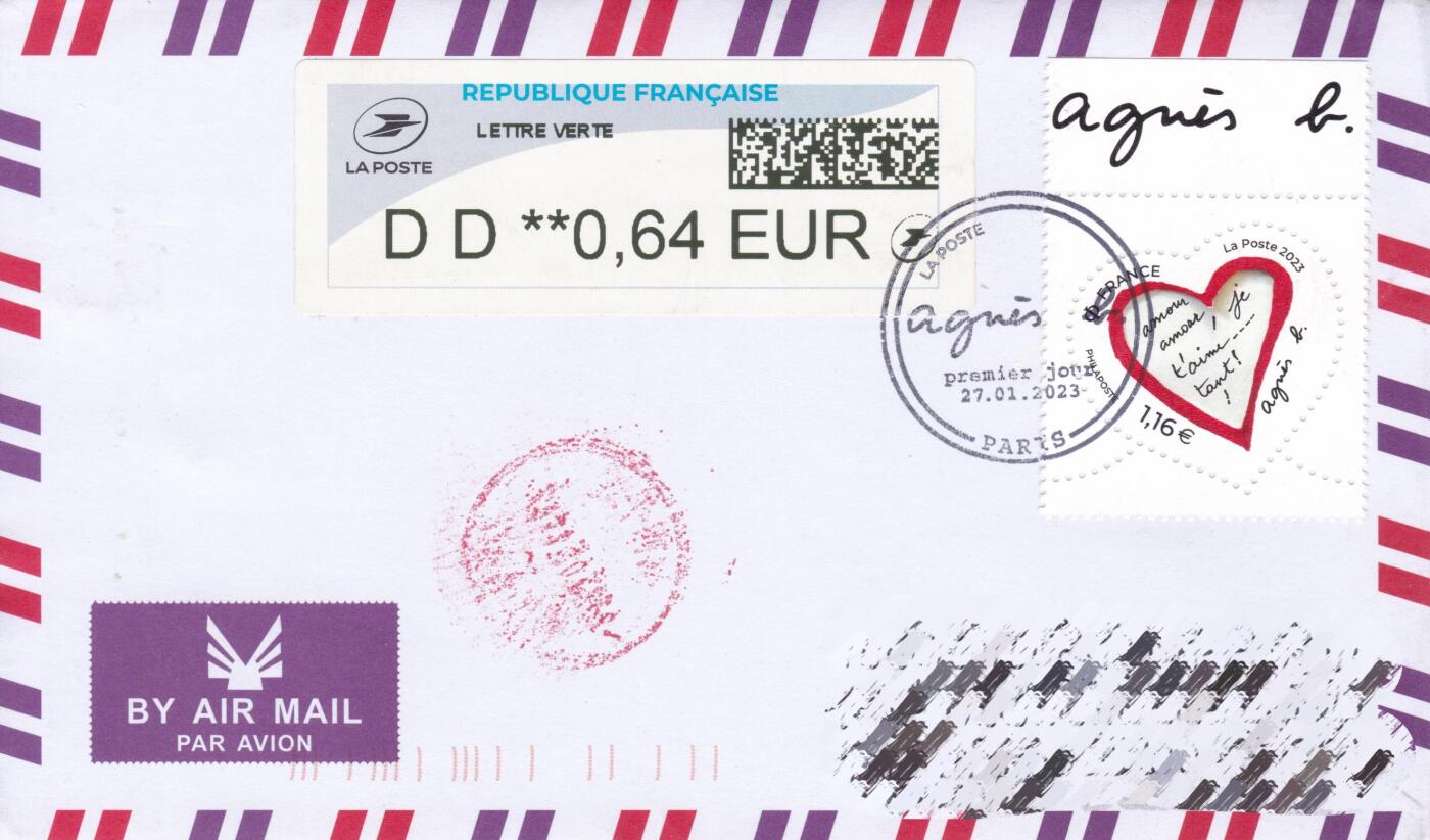 11月20日（周四）20:00海外封片专场 2023法国《情人节--奢侈品品牌Agnès b.》 1.16欧元面值 电子票补资 加盖首日纪念戳 原地首日平寄国内 一套一枚 郭姐作品