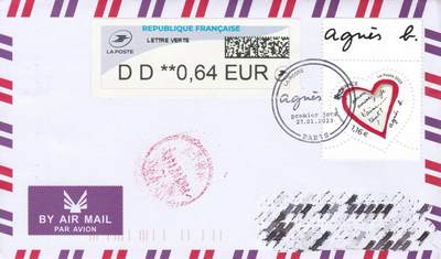 11月20日（周四）20:00海外封片专场 - 2023法国《情人节--奢侈品品牌Agnès b.》 1.16欧元面值 电子票补资 加盖首日纪念戳 原地首日平寄国内 一套一枚 郭姐作品