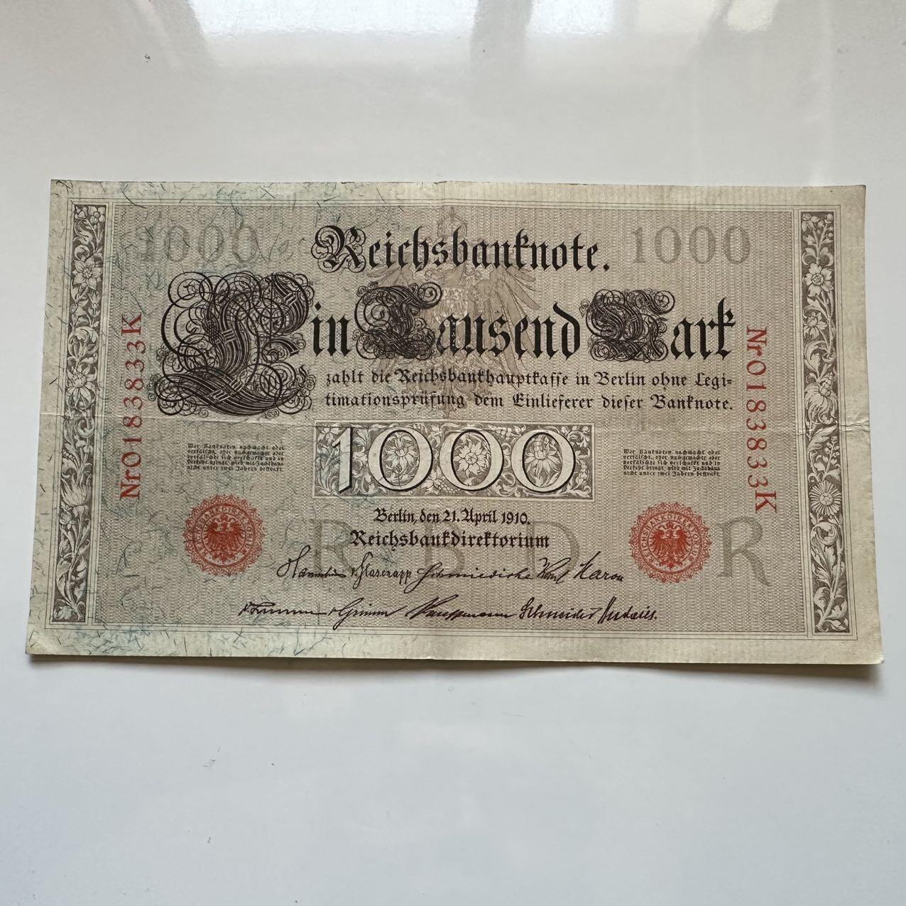 🌹外币初藏🌹🐯2025年第128场  每周二四六晚8️⃣点 接代拍 德国1910年1000马克 大票幅