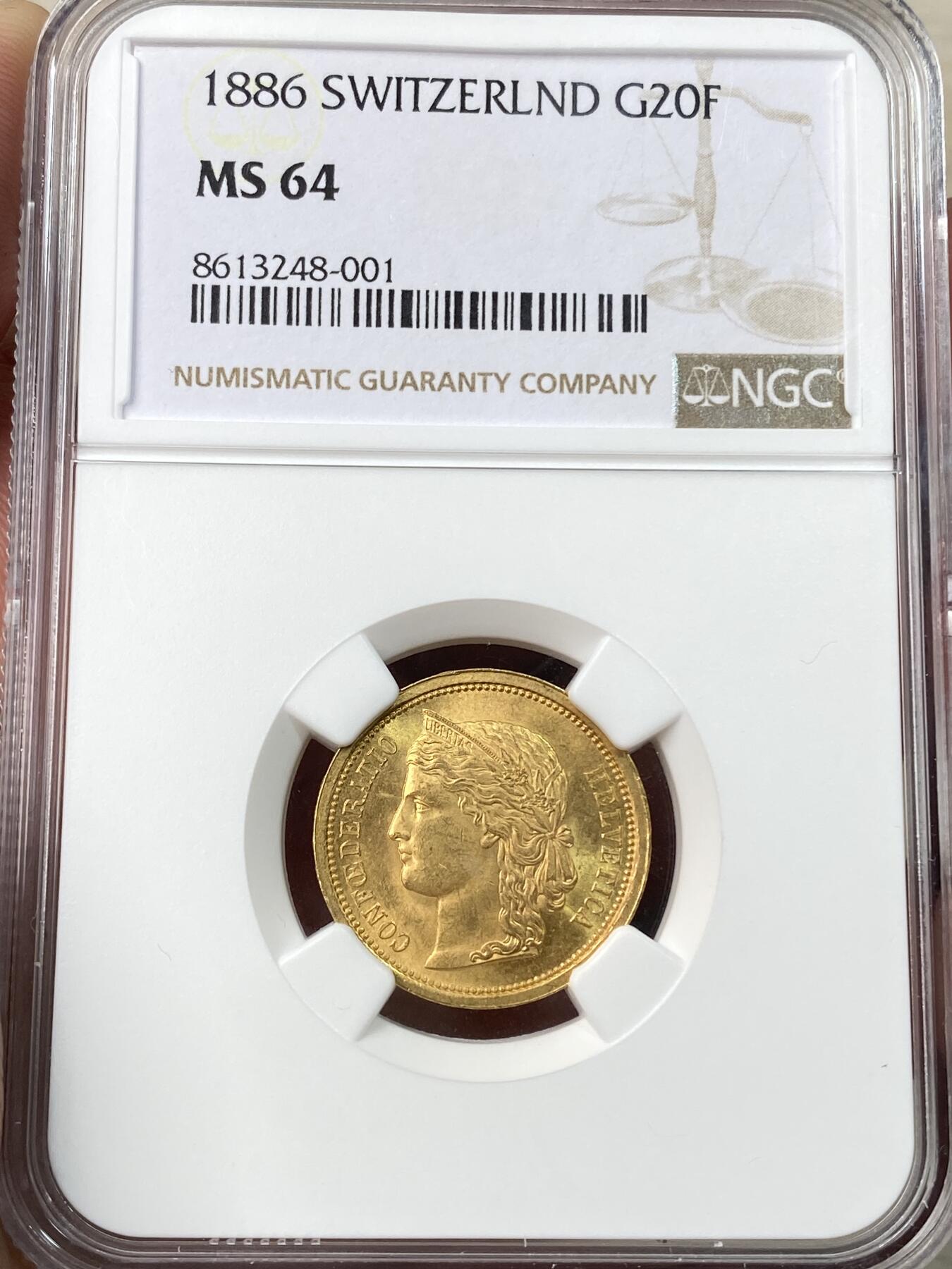 万国钱币拍卖第055期 NGC MS64 1886年瑞士桂冠女神20法郎金币 丝滑金光收藏级 6.45G 900金