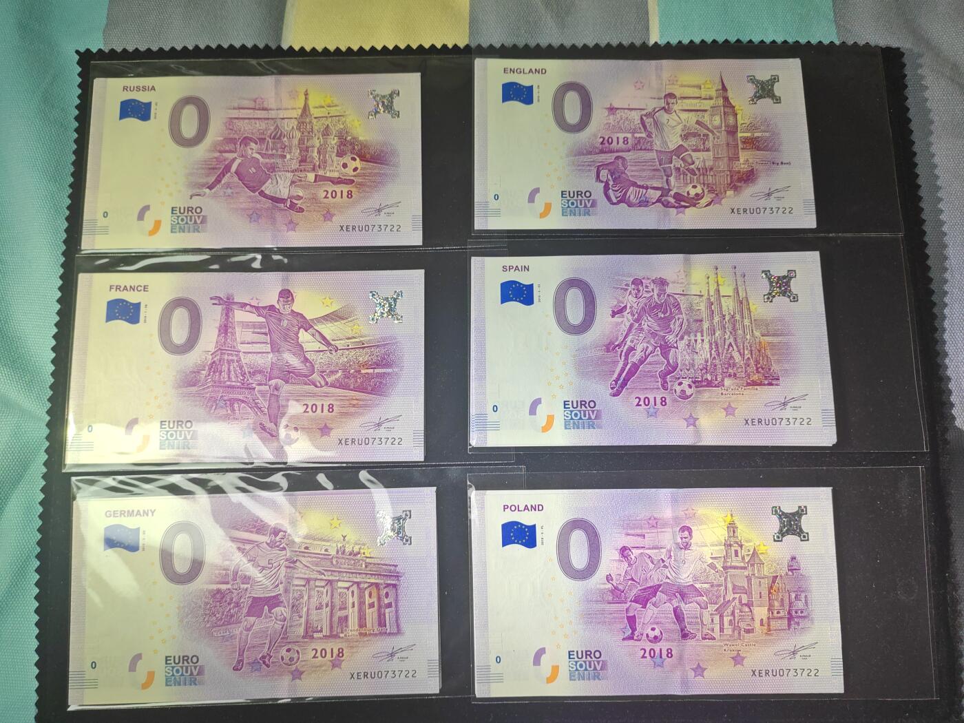 0欧元纪念钞 俄罗斯世界杯 2018年 32国大全套 全同号 无4 全新UNC 