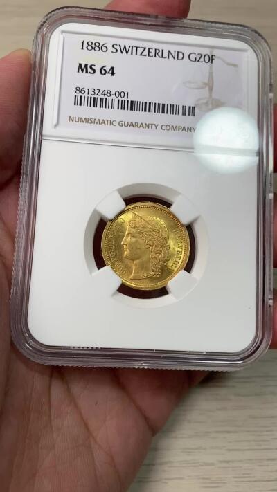 万国钱币拍卖第055期 NGC MS64 1886年瑞士桂冠女神20法郎金币 丝滑金光收藏级 6.45G 900金