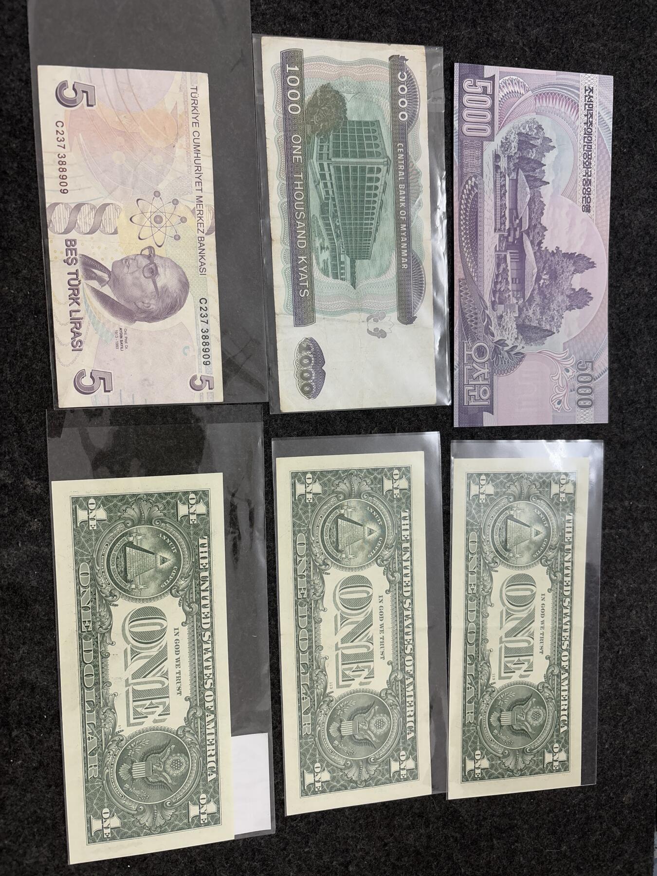 文馨钱币收藏第 281 场，【 长期接收代拍品】银元，银币，套币，纸币专场（本场截拍后休息三天，19 号发货） 3 美元➕土耳其五元➕缅甸 1000 元➕朝鲜 5000 元