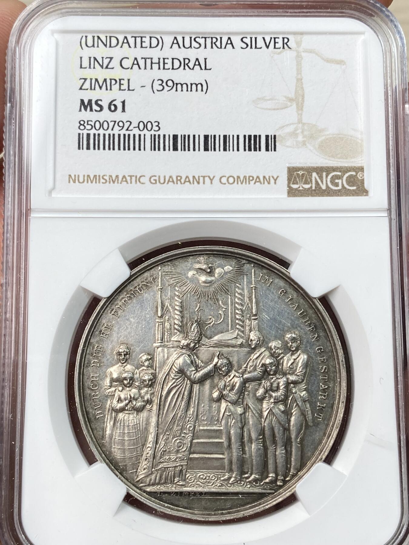 万国钱币拍卖第055期 NGC MS61 19世纪末期奥地利林茨大教堂洗礼纪念银章 精制镜面 背面林茨大教堂景观的版本非常罕见