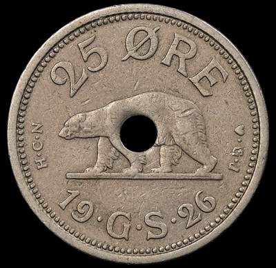 修遠堂世界钱币第九十三期 - 1926年格陵兰中孔25欧尔  1940/41年在纽约打孔，以避免 与1克朗硬币混淆，仅打孔6万枚