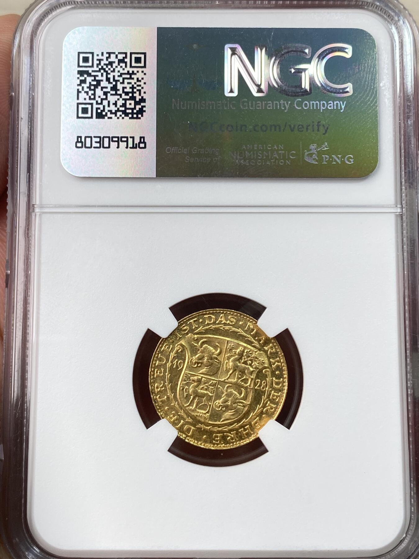 万国钱币拍卖第055期 NGC MS63 1928年德国魏玛共和国兴登堡总统80大寿纪念流通10马克币章 卡尔哥茨名誉设计品种 3.27G 900金