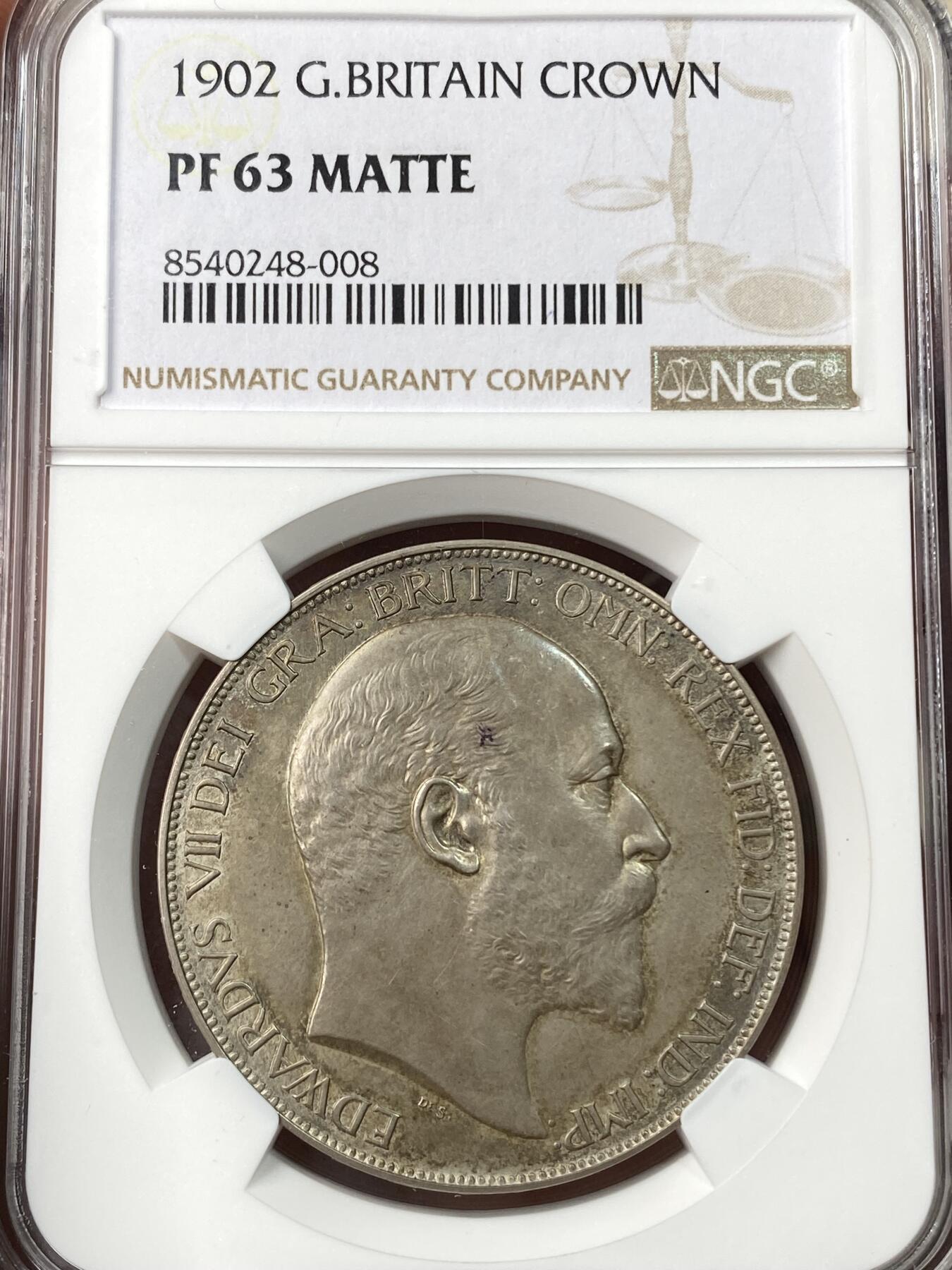 万国钱币拍卖第055期 NGC PF63 1902年英国爱德华七世马剑精制克朗 磨砂精制 原味酱彩