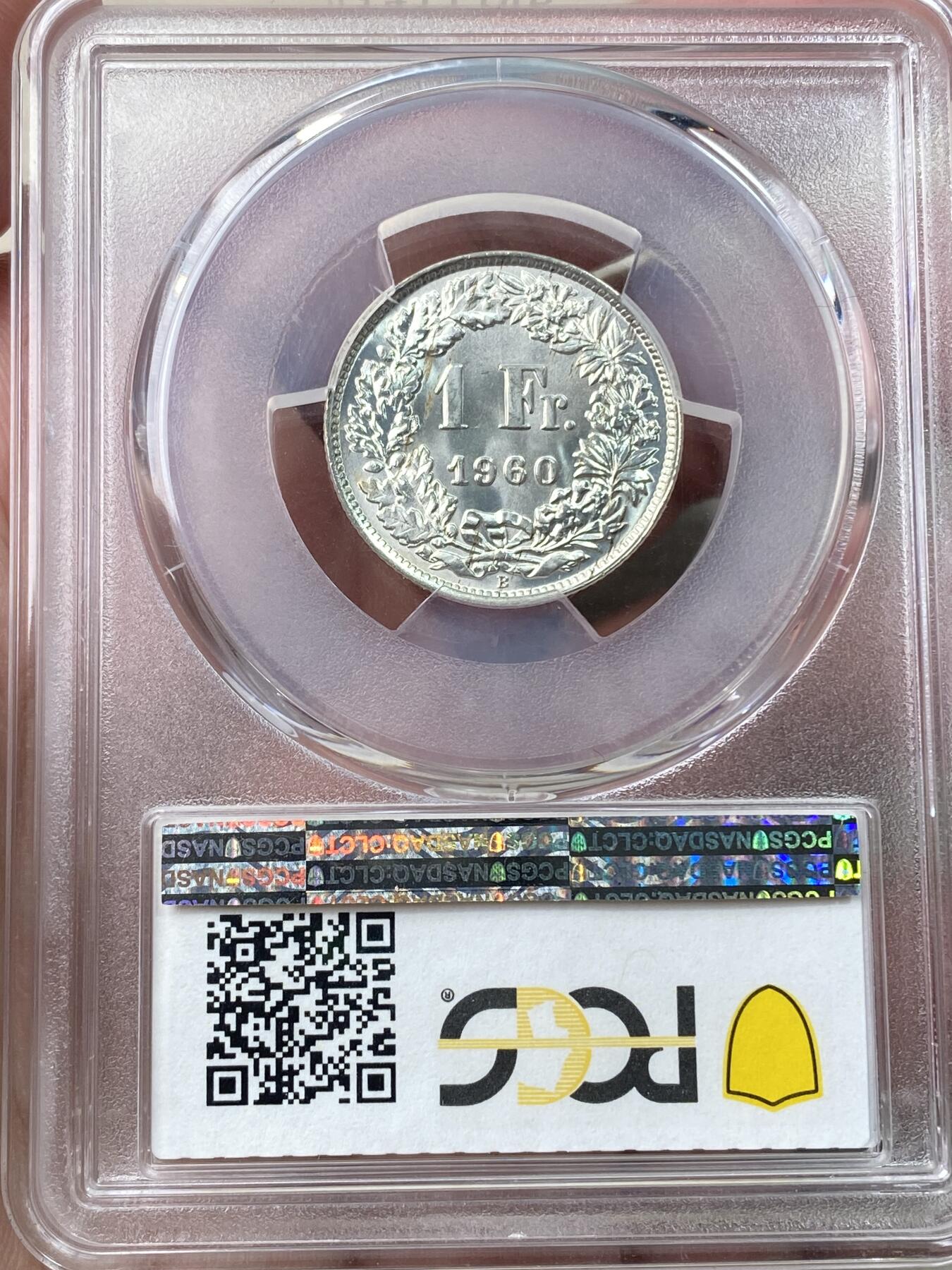 万国钱币拍卖第055期 PCGS MS66 1960年瑞士联邦女神持盾1法郎 银霜转光GEM级