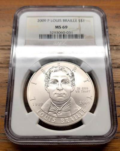 泉海漫舟·凡希社世界钱币微拍第三百十四期 - 2009美国纪念法国盲人教育家路易斯·布莱叶诞辰200周年Dollar大银NGC-MS69