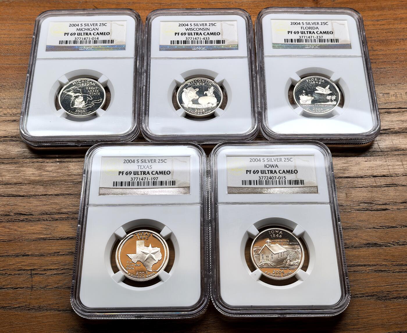 泉海漫舟·凡希社世界钱币微拍第三百十四期 2004美国联邦州25分银币五枚套NGC-PF69UC佛罗里达等