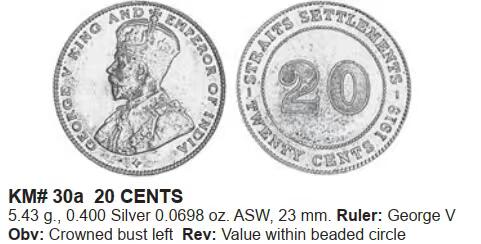 英属海峡殖民地 银币 10分 20分 乔治五世 2枚套 1927 1919