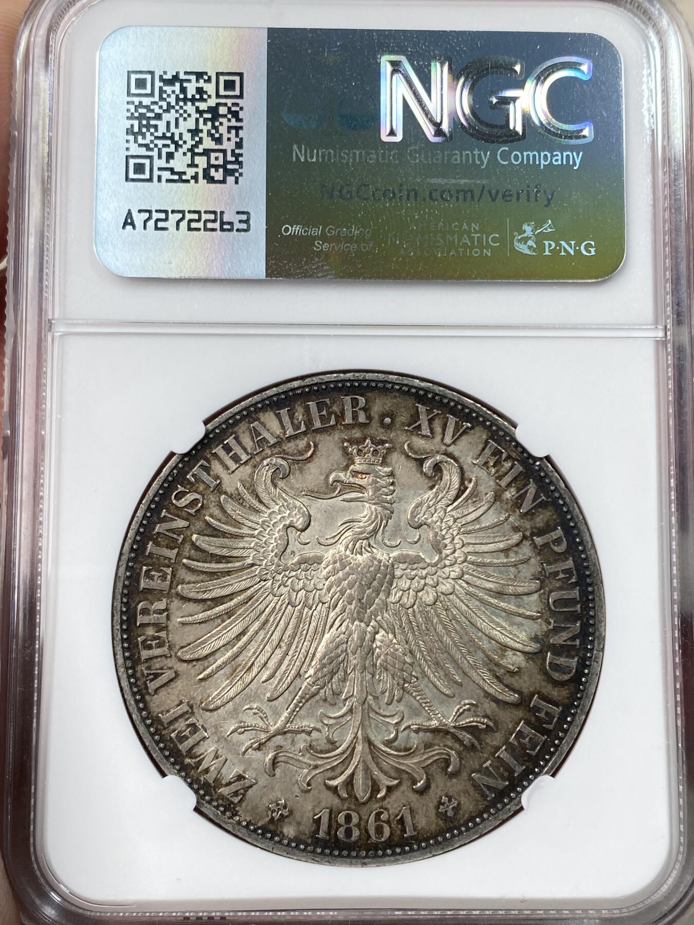 万国钱币拍卖第055期 NGC MS61 1861年德国法兰克福少女流通2泰勒 经典法兰城少女2T 欧陆深五彩转光 状态极度舒适