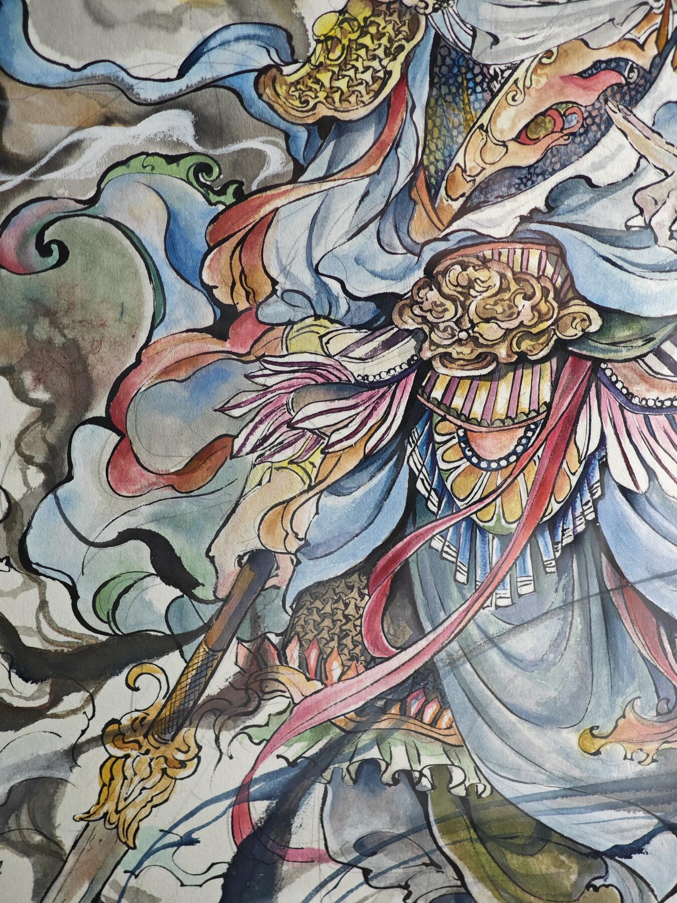 白泽拍卖卡牌手绘专场第28期（细雨生寒、寻梅闻香） 2025 鹿凝手绘画 二郎神 尺寸：37cm*52cm 有外框  鹿凝亲签